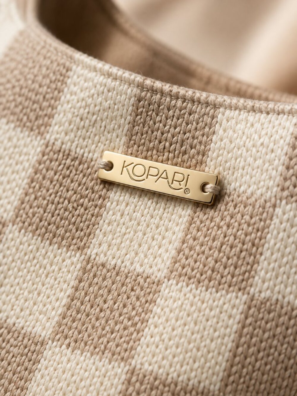 NEW Kopari Limited Edition Checkered Knit Tote Cream Tan Resort Shoulder Bag - Picture 8 of 10